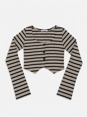 Striped Scoop Neck Cropped Cardigan Sweater - Beige & Black